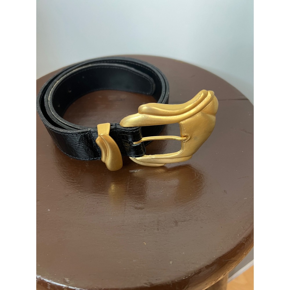 Vintage Ann Taylor Black Lizard Embossed Leather Belt Gold Sculptural Buckle L